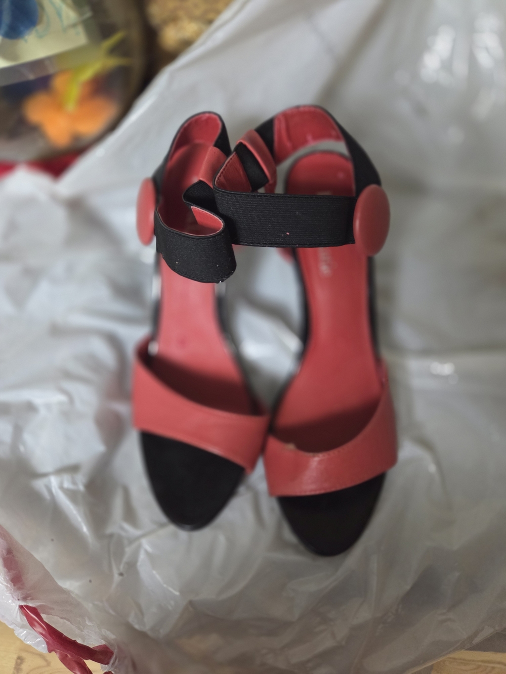 Kelly & Katie Red and Black Open-Toe Ankle-Strap Heels